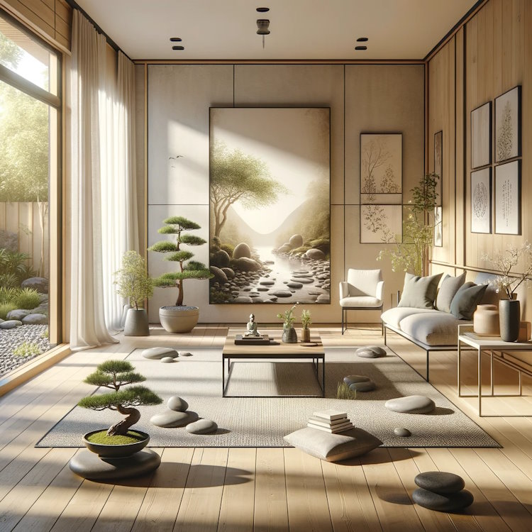 A serene home space with minimalistic decor symbolizing the Zen practice of simplicity.