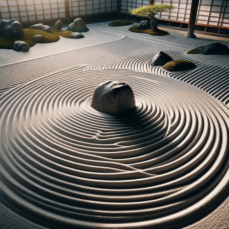 Close-up of a Zen sand garden, raked to perfection, representing mindfulness and tranquility.