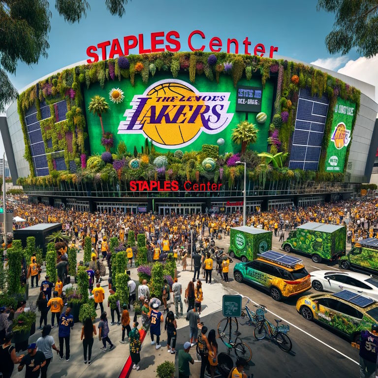 The Staples Center bustling with fans, now a beacon of sustainability with the Lakers' green initiatives.