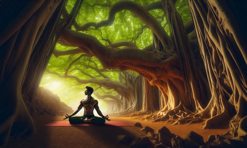 A yogi in a graceful pose under the canopy of ancient trees, epitomizing the union of yoga with the natural world.