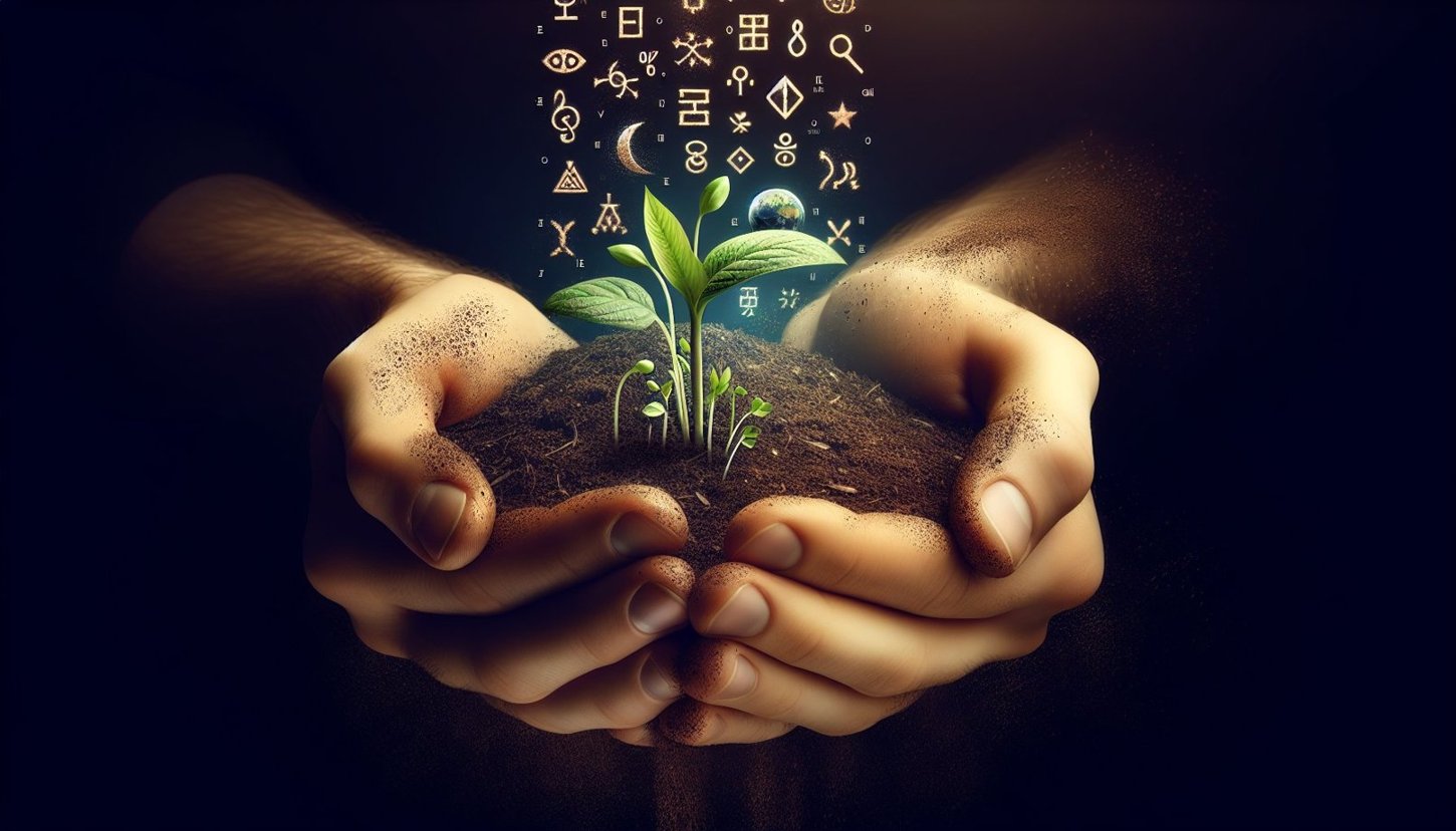 An image of hands cradling fertile earth, sprouting new life, symbolizing the article's connection between diet and earth care.