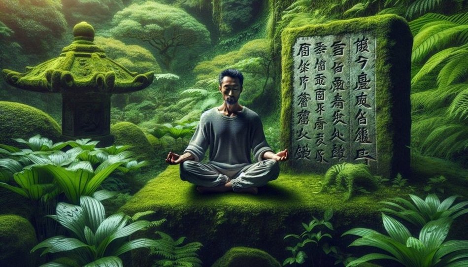 A serene image showing a person meditating in a tranquil garden, surrounded by lush greenery.