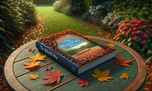 The cover of 'The Mindful Way' book resting on a peaceful garden bench, surrounded by autumn leaves.