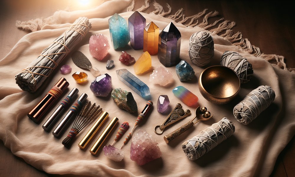 Image capturing a selection of energy healing tools, portraying their serene and healing aura