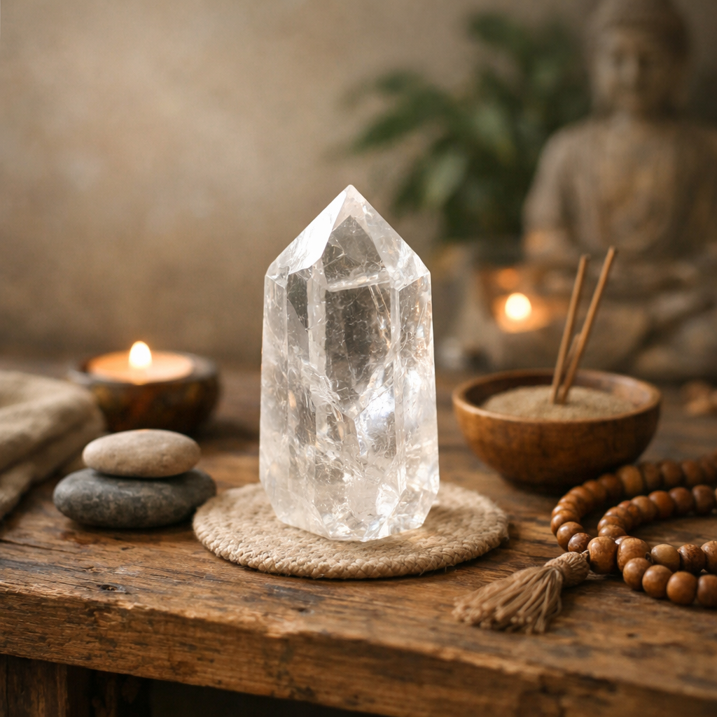 A clear quartz crystal on a wooden meditation table