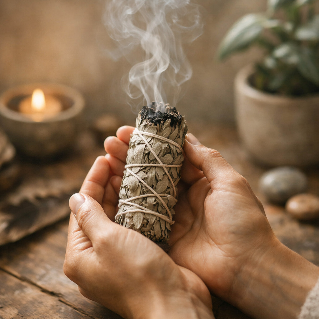 Hands holding a sage bundle with smoke rising