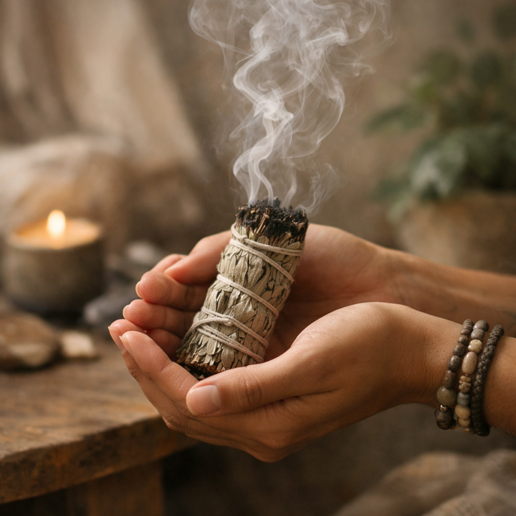 Hands holding a sage bundle with smoke rising