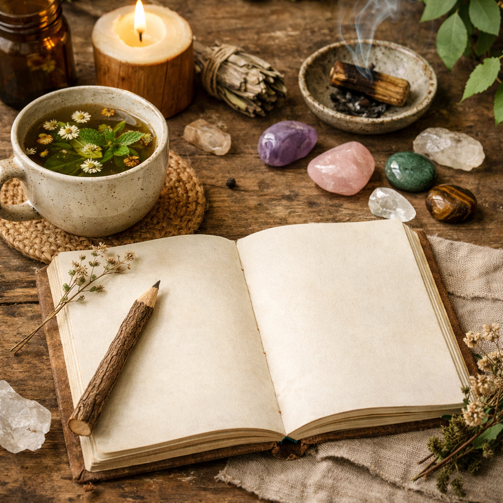 An open journal with herbal tea and healing stones