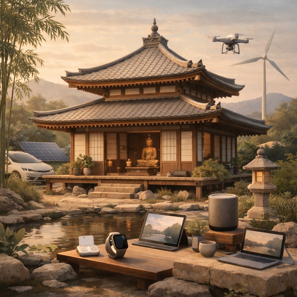 A serene temple surrounded by modern technology
