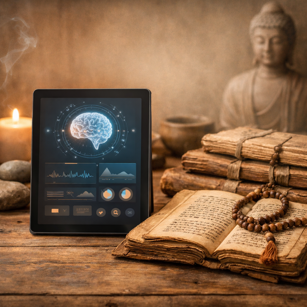 A modern AI interface next to ancient Buddhist scriptures