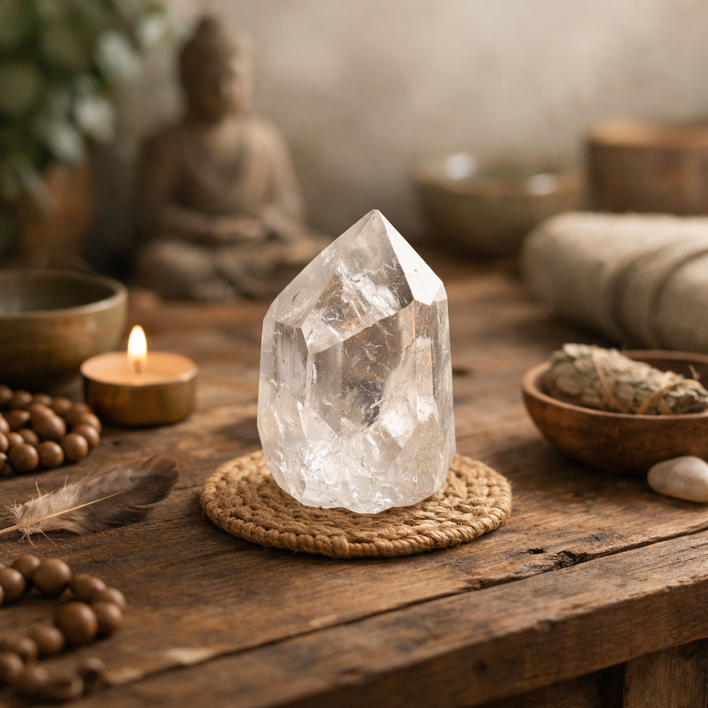 A clear quartz crystal on a wooden meditation table