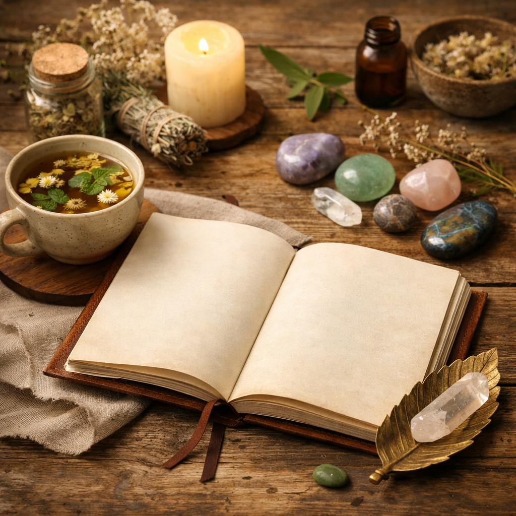 An open journal with herbal tea and healing stones