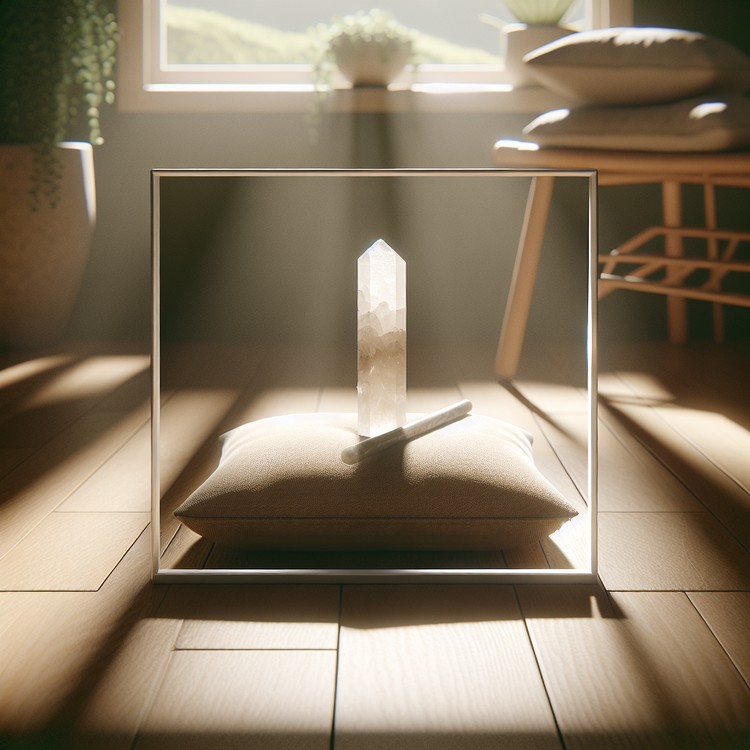 A clear quartz crystal on a wooden meditation table