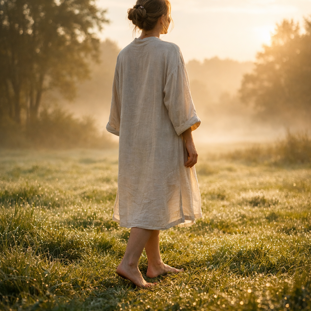 Person standing barefoot on dewy grass in morning light, looking peaceful and grounded