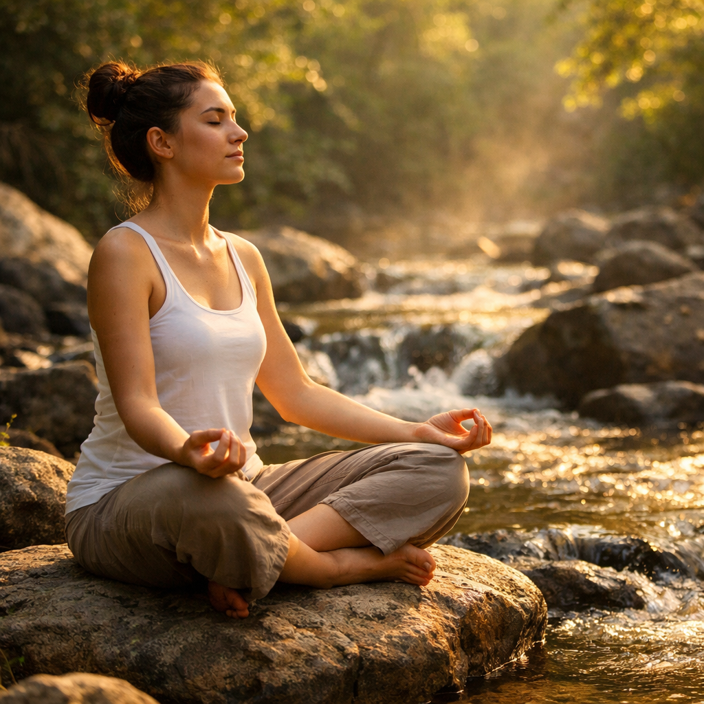 Person sitting on a rock by a stream practicing mindful breathing with hands resting on knees
