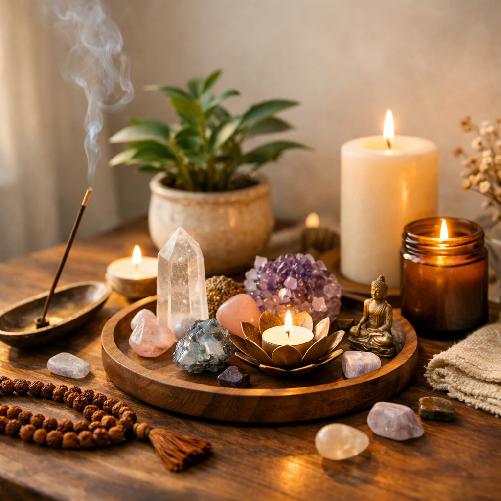 A beautifully arranged meditation altar with candles, crystals, incense holder, and a small plant