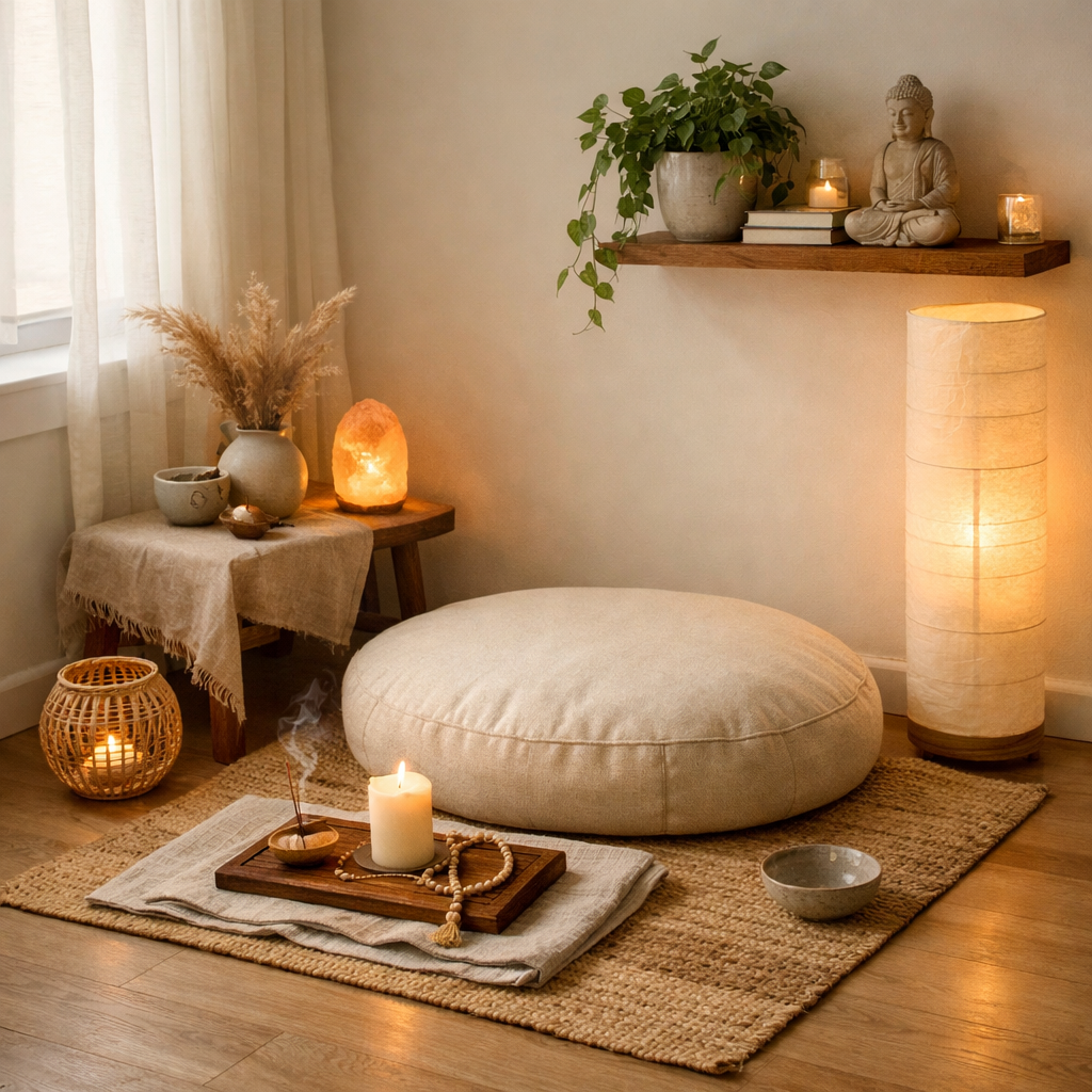 Minimalist meditation space in a small apartment using a corner with a floor cushion and soft lighting