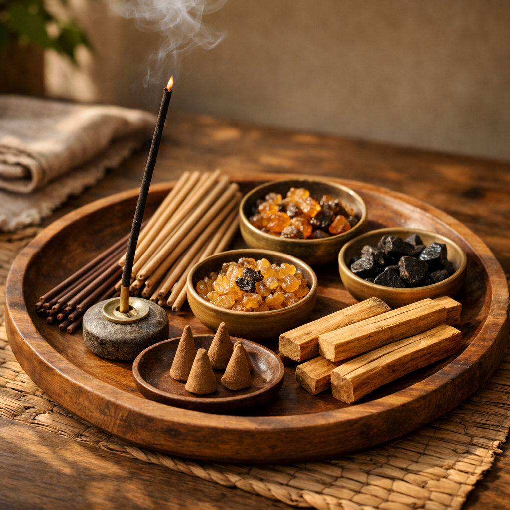 Variety of incense types including sticks, cones, resin, and palo santo arranged on a wooden tray