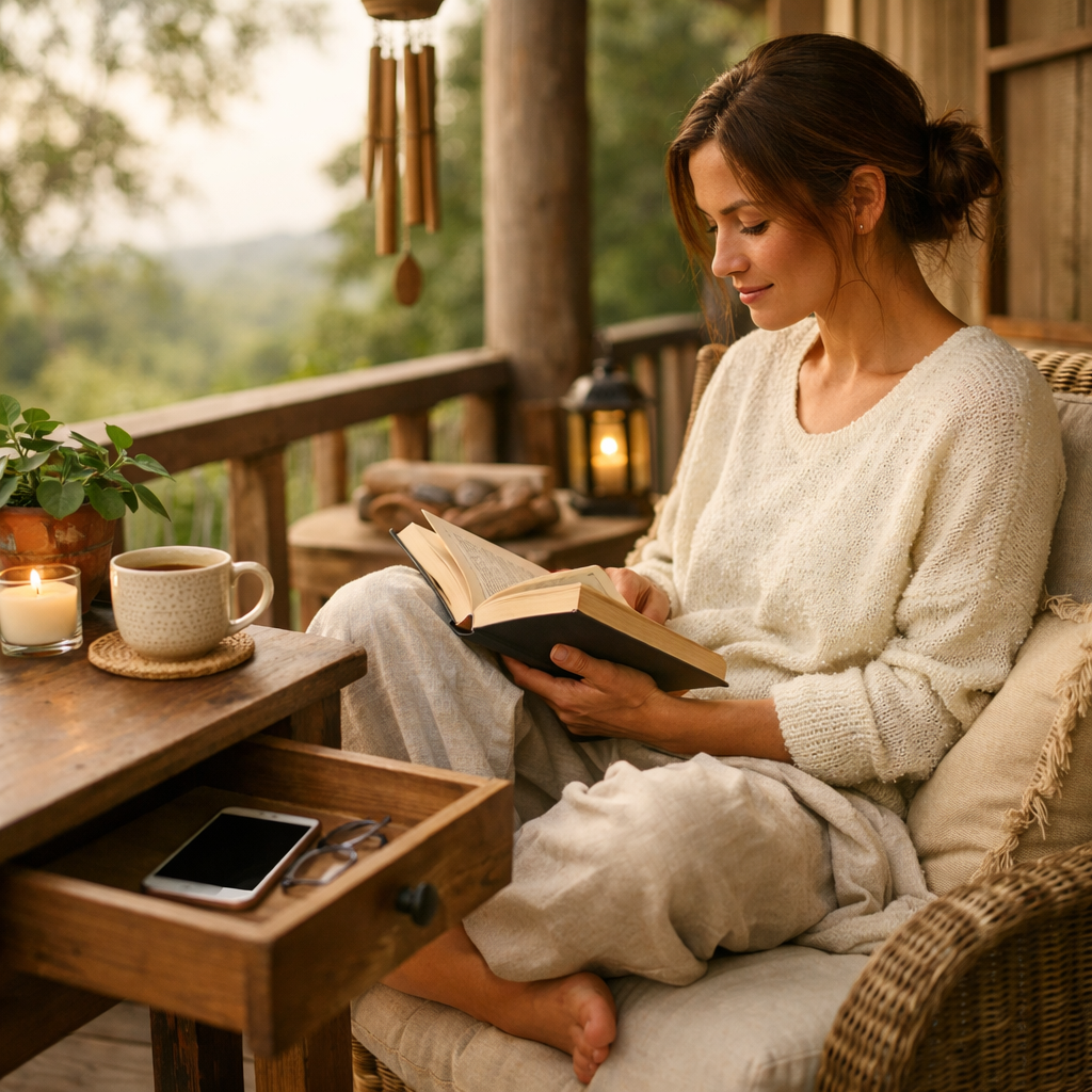 Person sitting peacefully on a porch reading a physical book with phone put away in a drawer
