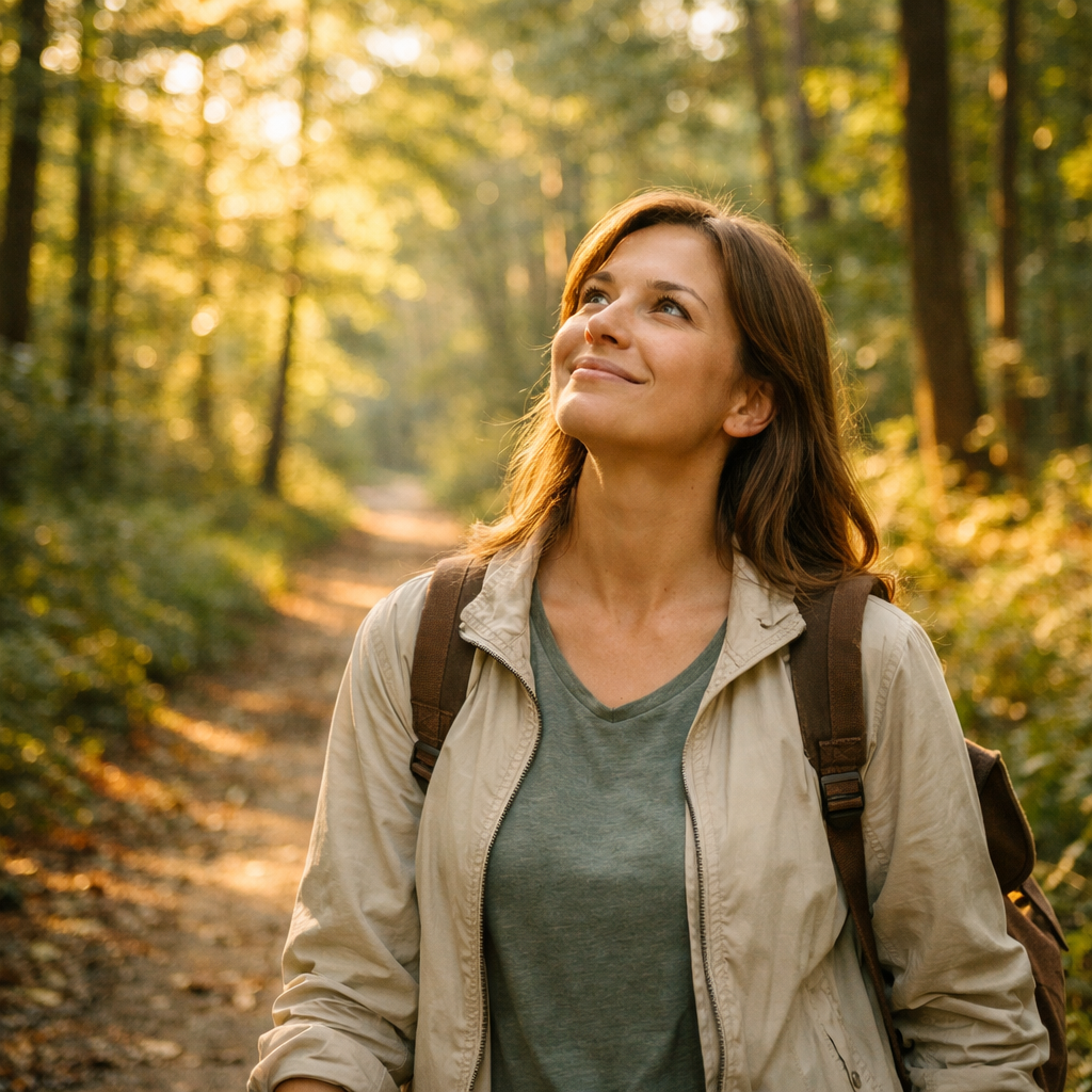 Person walking on a nature trail without headphones, looking up at trees with a peaceful expression