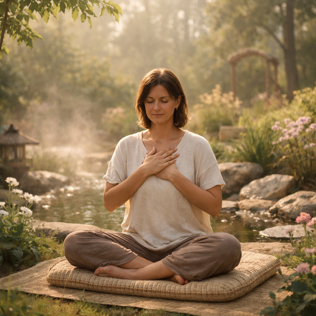 Person sitting in meditation with hands on heart in a peaceful garden with soft morning light