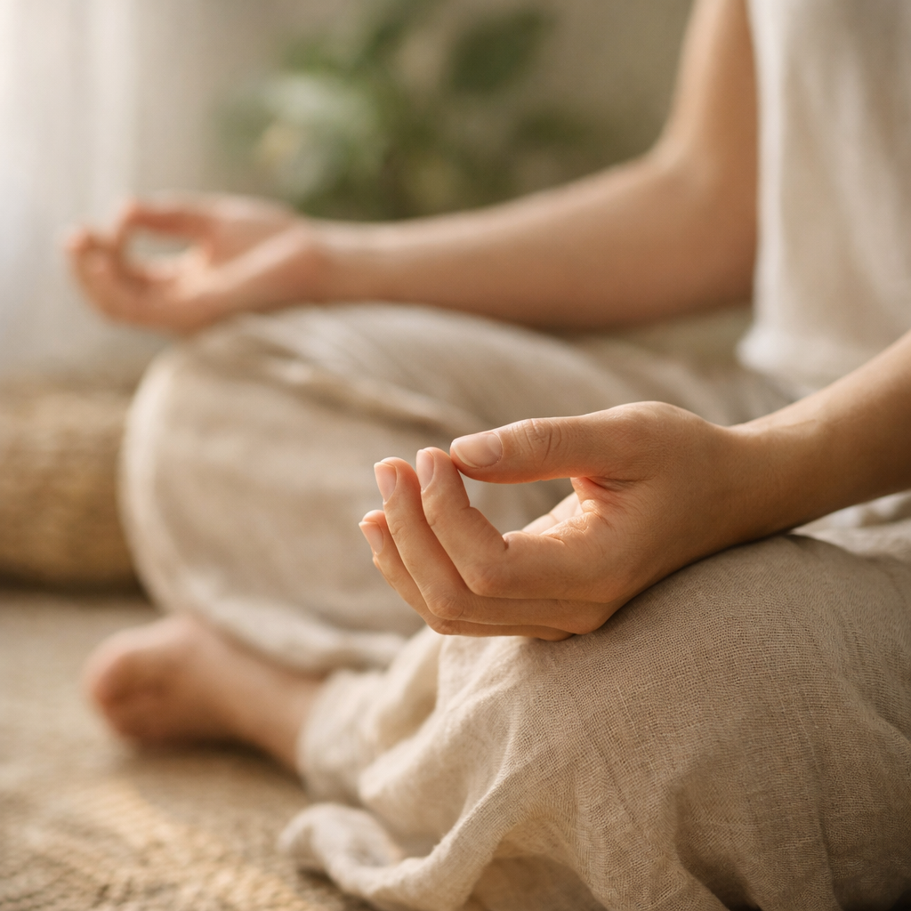 Close-up of hands resting gently on knees in meditation posture with natural light