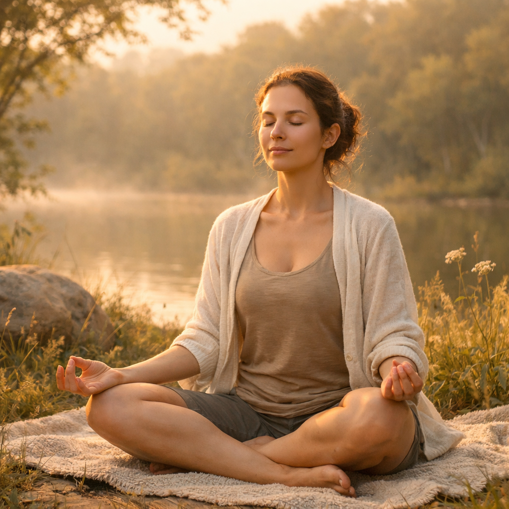 Person meditating outdoors with eyes closed in a peaceful natural setting with warm light
